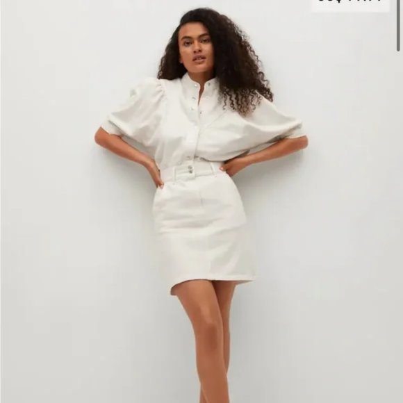 MNG Mango Button Down Puff Sleeves Fall Winter Chic Denim Mini Dress White - Picture 1 of 14